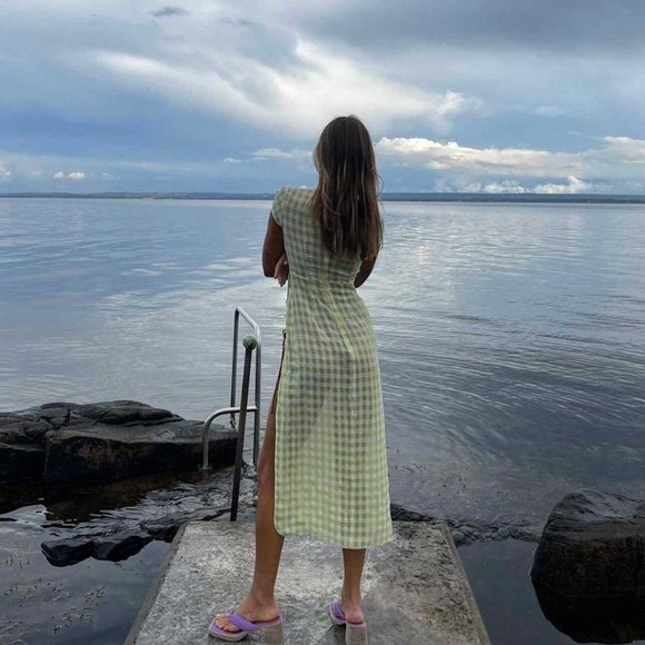 Gingham Check Midi Dress in Green - Picture 4 of 7